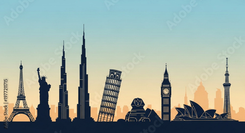 Silhouette of famous landmarks from around the world at sunset city skyline with iconic buildings