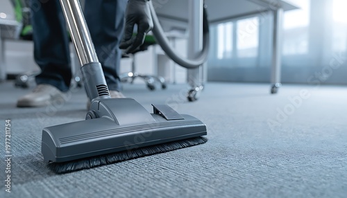 Janitorial cleaner with industrial vacuum, illustrating essential cleaning concept for optimal hygiene, sanitation, and diligent office housekeeping