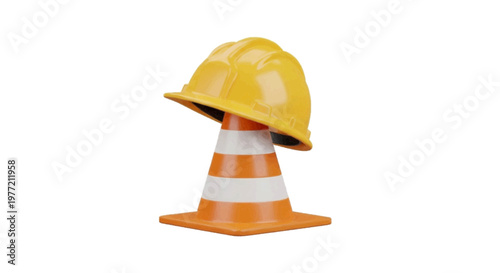 Vector illustration of yellow hard hat resting on top of an orange and white traffic cone on a transparent background