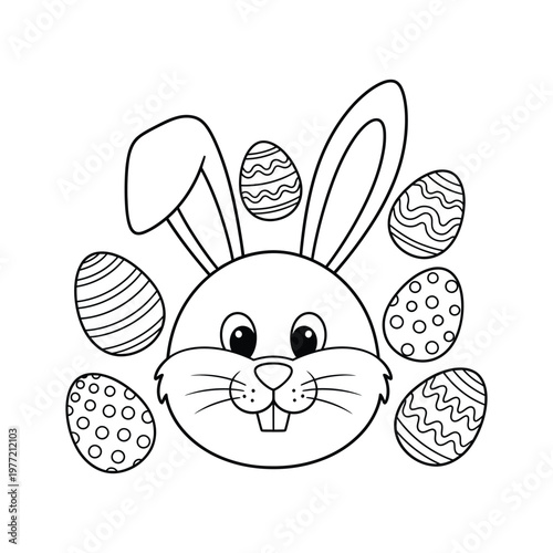 Easter Bunny Coloring Page with Decorated Eggs Cute Cartoon Rabbit Outline for Kids Printable Activity Sheet Black and White Line Art for Preschool Learning, ai generated