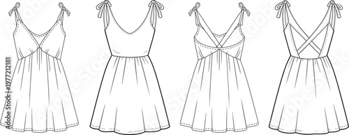 Lightweight summer sundress variations, tie shoulder straps and flared skirt silhouettes with open back details, feminine fashion flats – vector illustration