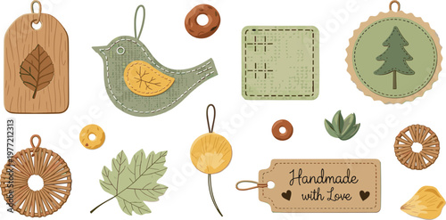 Handmade Crafting Items Set with Leaf Tags, Wooden Bird, Decorative Ornaments, and "Handmade with Love" Tag