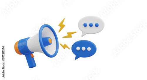 Vector illustration of 3d megaphone with speech bubbles and lightning icons on a transparent background