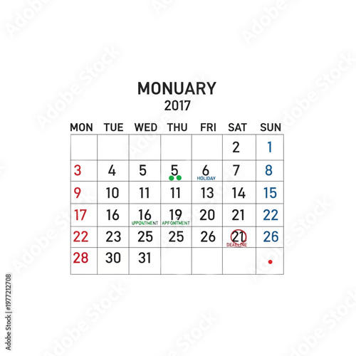 Calendar 2017 January with Marked Dates and Holidays on White Background