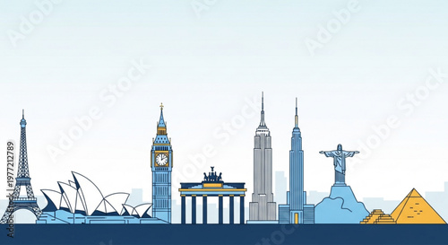 Iconic landmarks and monuments from around the world in a stylized illustration
