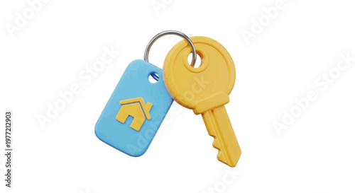 Vector illustration of 3d illustration of a yellow house key with a blue houseshaped keychain on a transparent background