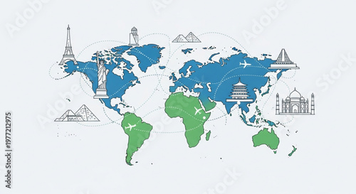 World map with landmarks and travel destinations illustrated in blue green and black on white background