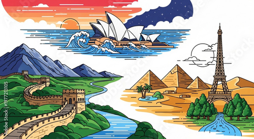 Illustration of famous landmarks and natural wonders from around the world including the great wall pyramids eiffel tower sydney opera house and mountains