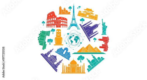 Vibrant travel icons and landmarks form a globe on white background symbolizing tourism and exploration worldwide
