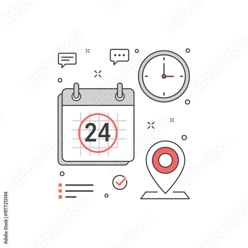 Calendar, Clock, Map Pin, and Chat Bubbles - Business Meeting and Planning Iconography