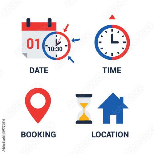 Calendar, Clock, Map Pin, Hourglass, House Icons - Booking and Scheduling Concept
