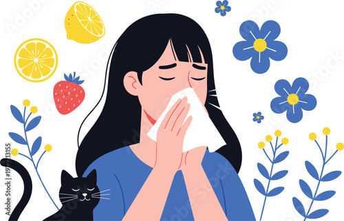 Woman with Allergy Symptoms Blowing Nose with Fruits, Flowers, and Cat for Health and Wellness Illustration