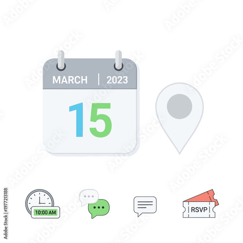 Calendar, Location Pin, Clock, Chat Bubbles, RSVP Tickets - Event Planning Icons