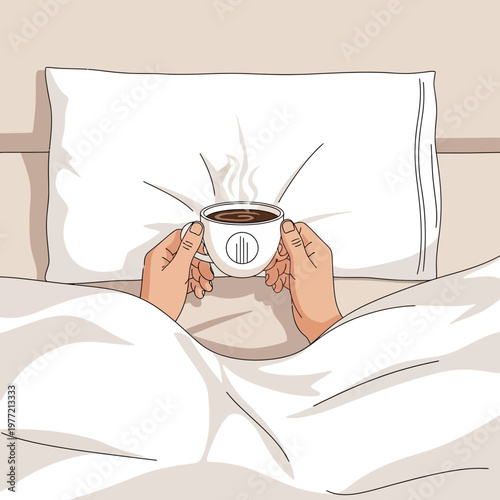 Cozy Morning Coffee in Bed, First Sip, Warm Beverage, Relaxation