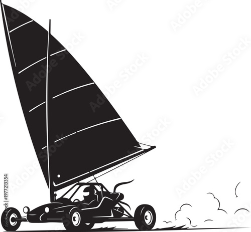 Sailing car, vector illustration, black and white, racing sailboat, speedster