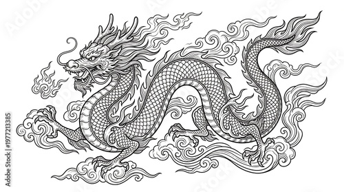 Majestic dragon illustration with intricate scales and flowing mane surrounded by swirling clouds and smoke in a dynamic pose showing strength and power in a traditional mythical design.
