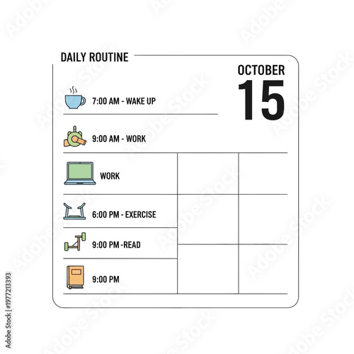 Daily Routine Planner - October 15: Wake Up, Work, Exercise, Read