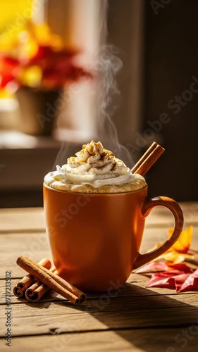 Warm pumpkin spice latte in orange mug on wooden table with cinnamon sticks video