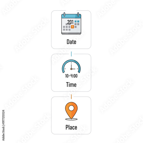 Date, Time, Place Icons: Planning and Organization Concept
