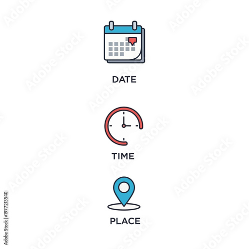 Date, Time, Place Icons: Calendar, Clock, Map Pin for Planning and Scheduling