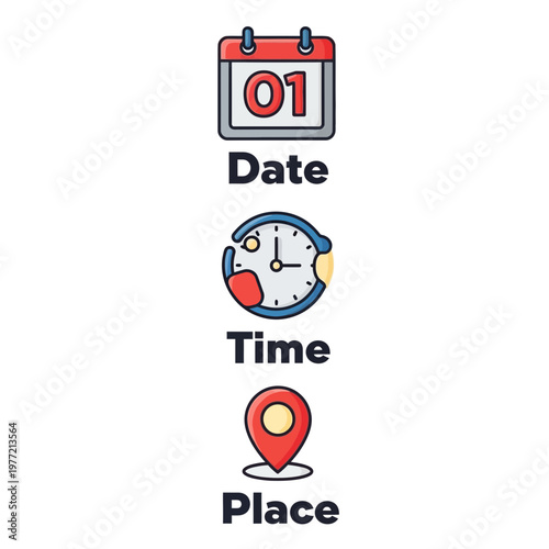 Date, Time, Place Icons: Planning, Scheduling, Location and Event Organization