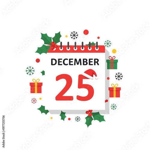 December 25th Calendar Page with Christmas Gifts and Holly - Holiday Celebration Concept