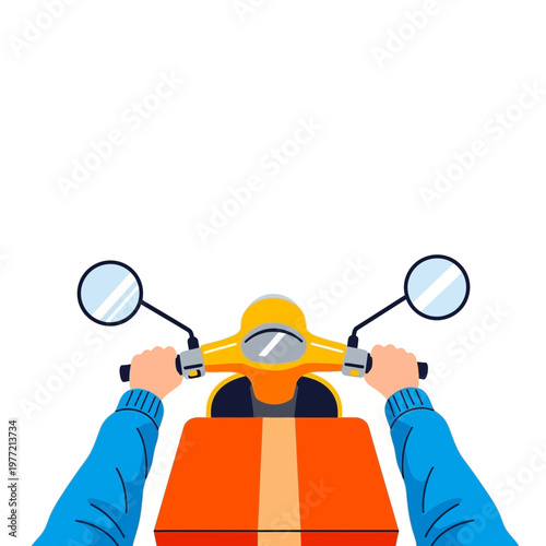 Delivery person riding scooter with insulated bag, first-person view, fast courier service