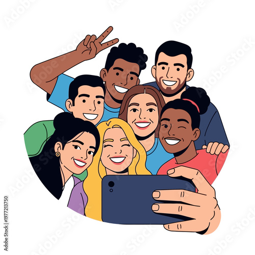 Diverse friends taking a group selfie with a smartphone, smiling and happy
