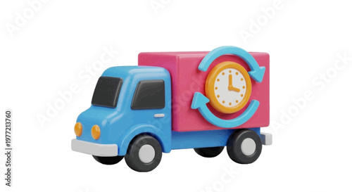 Vector illustration of 3d illustration of a delivery truck with a clock icon on a transparent background