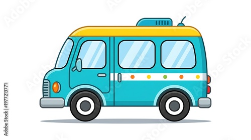 Colorful cartoon van with yellow roof and white stripe driving on road
