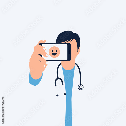 Doctor taking selfie with smiley face on phone screen, healthcare, medical concept