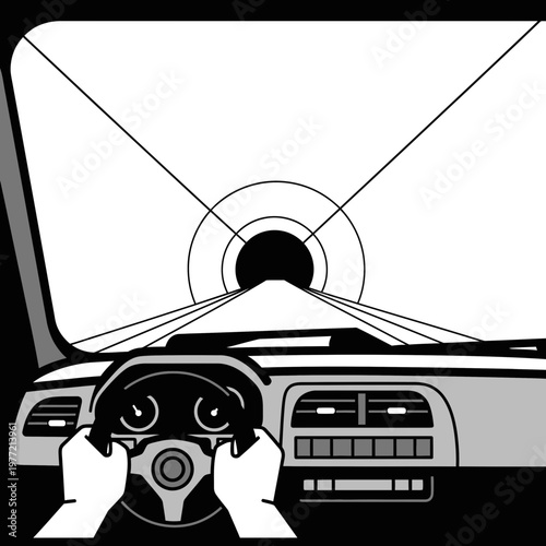 Driving through tunnel, view from driver's seat, hands on steering wheel