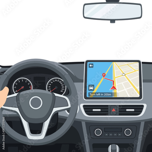 Driving with GPS Navigation System in Car Dashboard