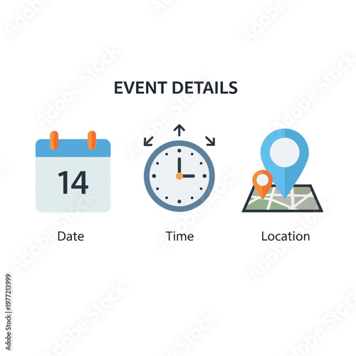 Event Details Icons: Date, Time, and Location - Vector Illustration