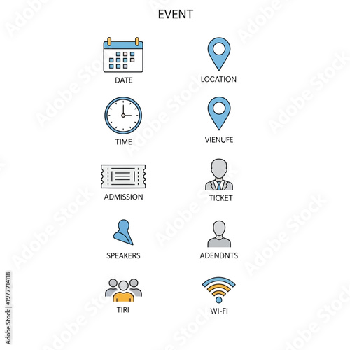 Event Planning Icons: Date, Time, Location, Tickets, Wi-Fi, Speakers