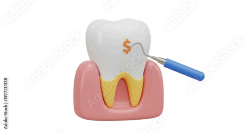 Vector illustration of 3d render of a tooth with a dollar sign symbol and a dental probe tool on a transparent background