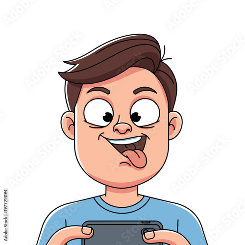 Excited Boy Playing Video Game on Smartphone, Funny Face, Cartoon Style