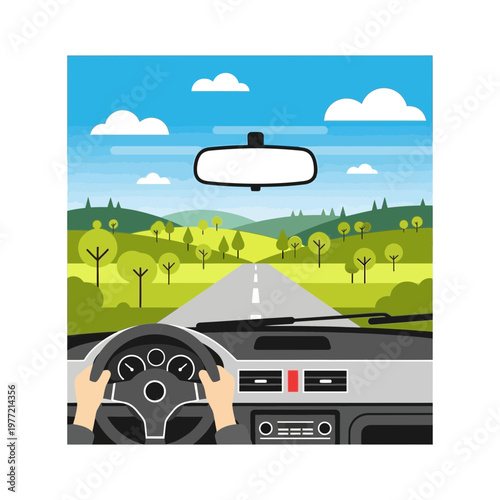 First-person view of driving on a scenic country road, hands on steering wheel