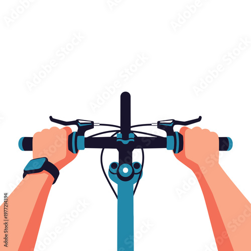 First-person view of hands on bicycle handlebars with smartwatch, active lifestyle