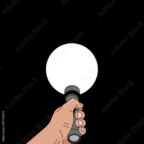 Hand holding flashlight illuminating dark circle, concept of search, discovery, light in darkness