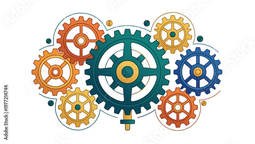 Colorful gears interconnected in graphic design on white background  