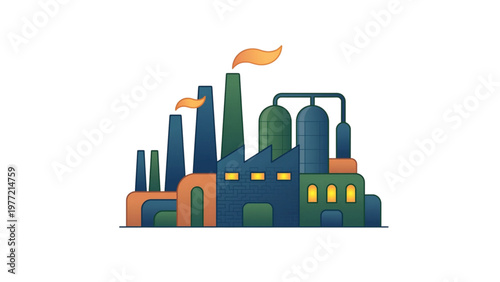 Industrial factory with smokestacks and colorful structures  