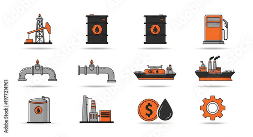 Oil and Gas Industry Icons - Production, Transportation, and Economy.