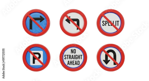 Vector illustration of set of six circular road signs indicating various traffic prohibitions on a transparent background