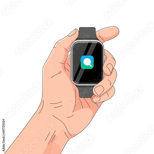 Hand holding smartwatch with notification icon, modern technology concept