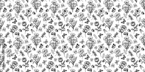 Seamless pattern with flowers and butterflies. Vector illustration.