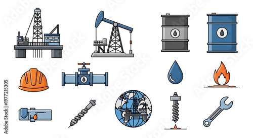 Oil and Gas Industry Icons - Offshore Platform, Pumpjack, Barrels, and Safety Gear.