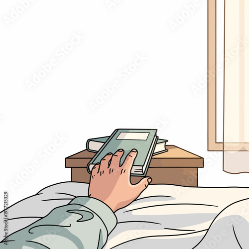 Hand reaching for book on nightstand beside bed, morning light through window