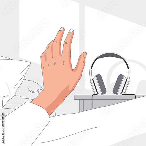 Hand reaching for headphones on bedside table, morning light, concept of waking up to music