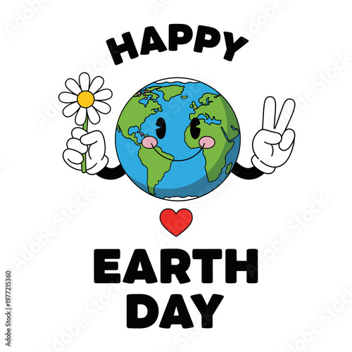 Happy Earth Day Cartoon Character Holding Flower And Making Peace Sign